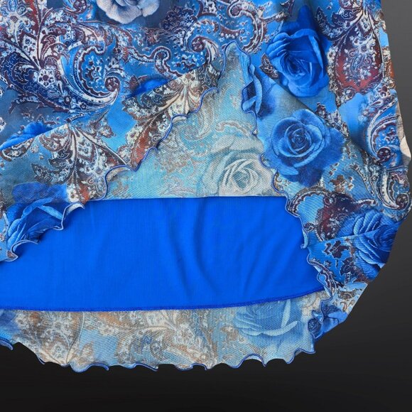 Y2K Blue Paisley Floral Midi Skirt Mesh Overlay Size L Fairy boho Elastic Waist - Picture 4 of 6
